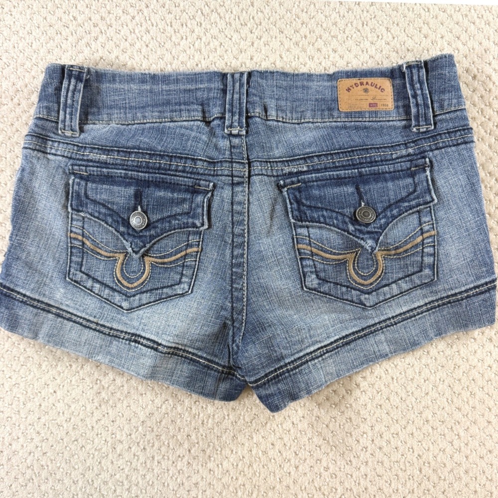 Vintage Y2K Low Rise Shorts Hydraulic Jean Denim Sz 9/10 Blue Flap Pocket Mini